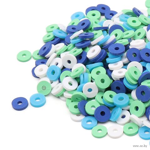 Бусины из полимерной глины "Колечки" (6 мм; синий, зеленый, белый микс) — фото, картинка