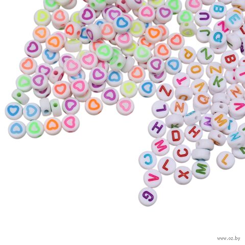 Бусины пластиковые "Круглое ассорти. Сердечки и английские буквы" — фото, картинка