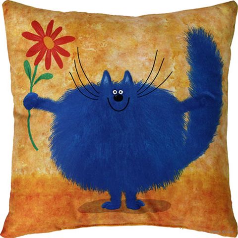 Подушка "Синий кот" (35x35 см; оранжевая) — фото, картинка