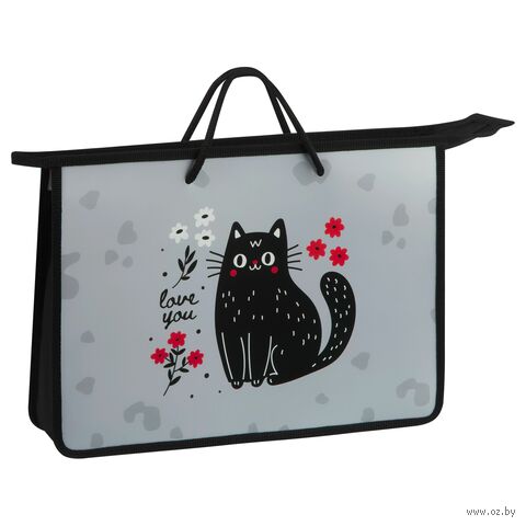 Папка-портфель "Black Cat with Flowers" (А4; на молнии) — фото, картинка